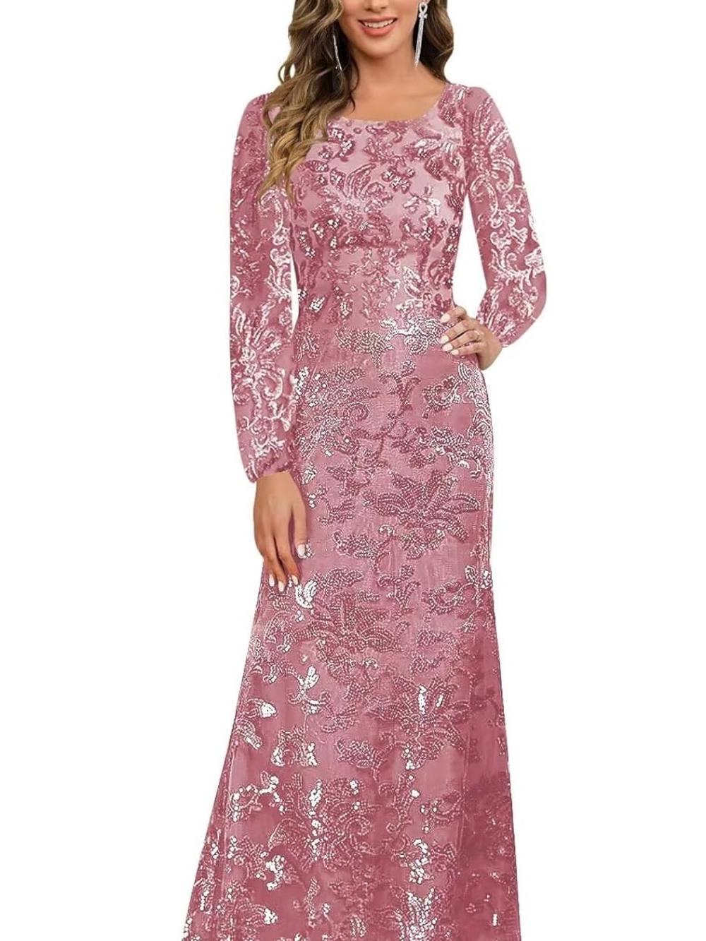Elegant Rose Pink Long Sleeve Sequin Evening Dress